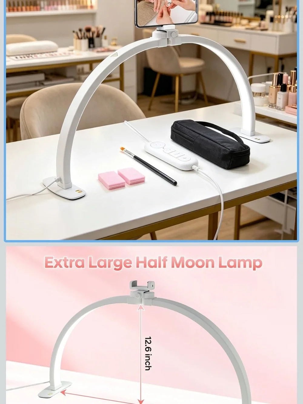 White Half Moon LED Nail Lamp with Phone Mount - Women Makeup Nail Tools